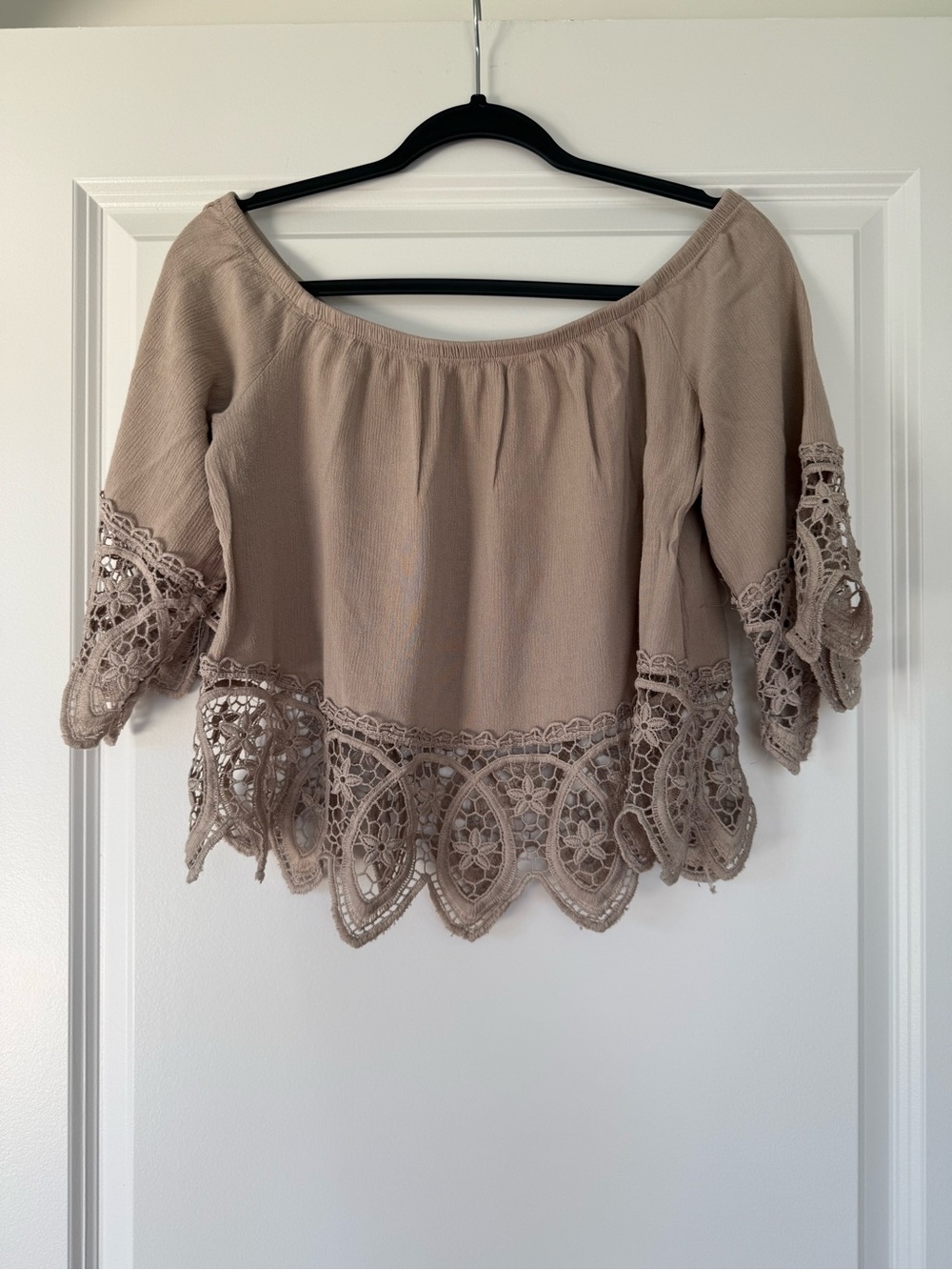 Ambiance Taupe Off-Shoulder Crochet-Trim Blouse